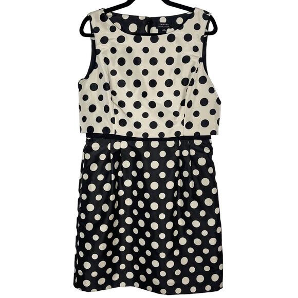 Tahari Size 12 Cream Black Polka Dot Contrast Sheath Dress Pockets Sleeveless - Picture 1 of 12
